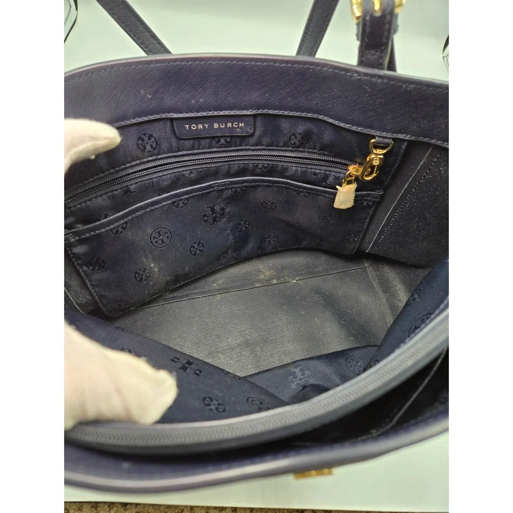 Tory Burch Navy Blue Leather Tote Bag Handbag‎ Purse Satchel Gold Hardware
